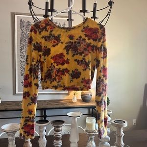 Urban Outfitters Yellow Floral Waffle Cropped LS